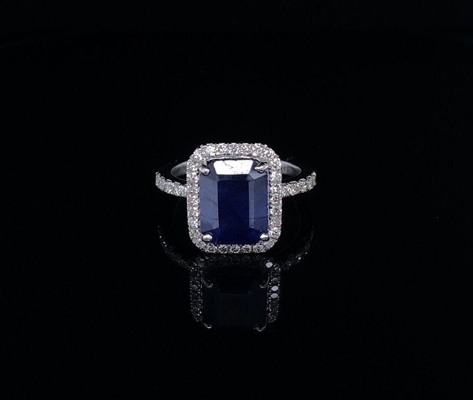 Blue Sapphire Diamond Ring, Gemstone Ring, Emerald Cut Blue Sapphire Ring, 14k Solid Gold, Natural Diamonds, Gift for her