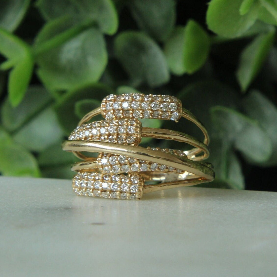 Criss Cross Diamond Ring In 14k Solid Gold Featuring Multiple Thin Gold Lines Ring With Natural Diamonds, Gift for Women