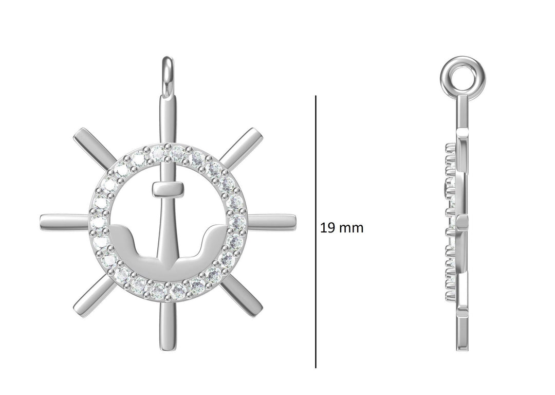 Anchor and Wheel Pendant Charm, 14k Solid Gold, Natural Diamonds, Gift for her