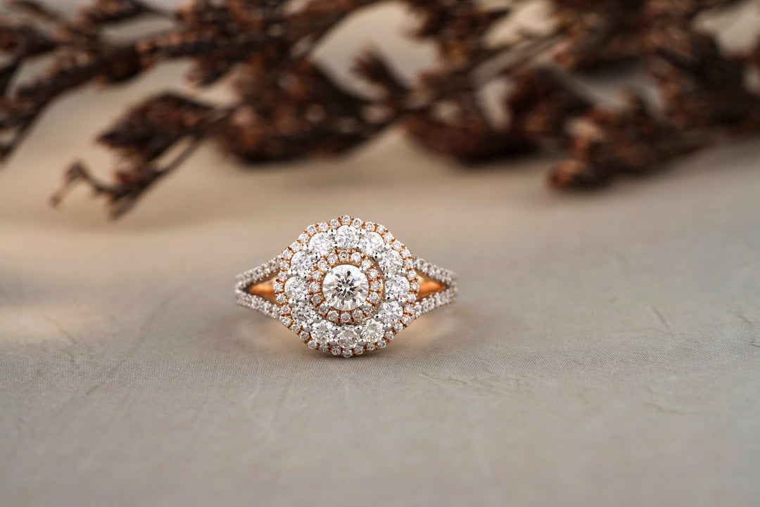 Round Solitaire Flower Diamond Ring in 14K Solid Gold, Natural Diamonds, Gift for her