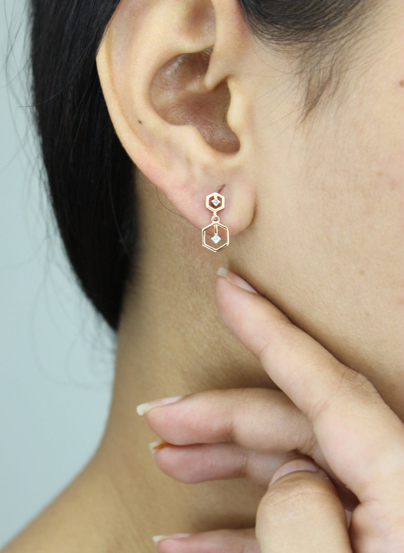 Hexagonal Small Diamond Dangle Earrings, 14k Solid Gold Minimalist Earrings, Natural Diamonds, Polygon Diamond Earrings, Gift for her