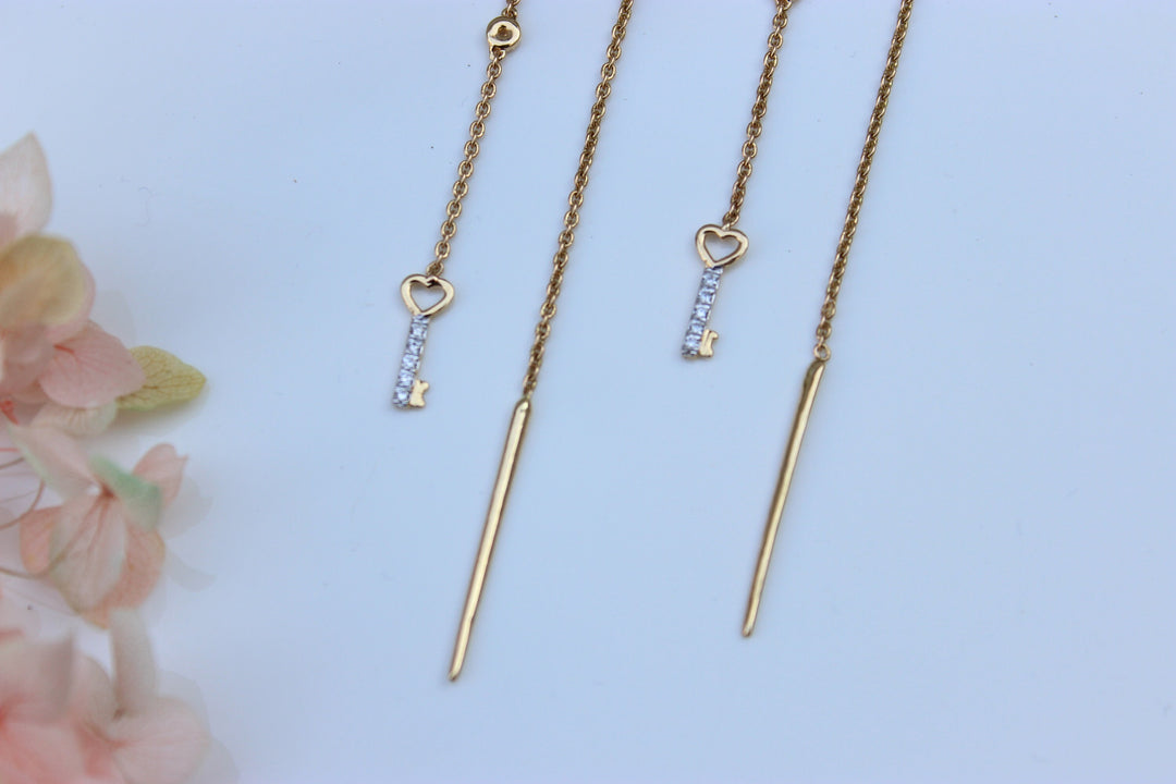 Lock And Key Thread Diamond Earrings, Dangle Diamond Earrings, 14k Solid Gold, Natural Diamonds, Gift for her, Minimalist Earrings