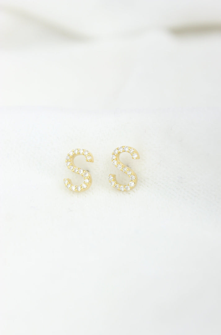 S-Initial Stud Earrings, 14K Solid Gold, Natural Diamond Letter Earrings, Gift for Her, Monogram Personalized Jewelry, Custom Pave Studs