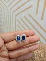 Load image into Gallery viewer, Oval Blue Sapphires Earrings with Diamond Halos, Gemstone Stud earrings, 14K Solid Gold, Natural Diamonds, Gift for her
