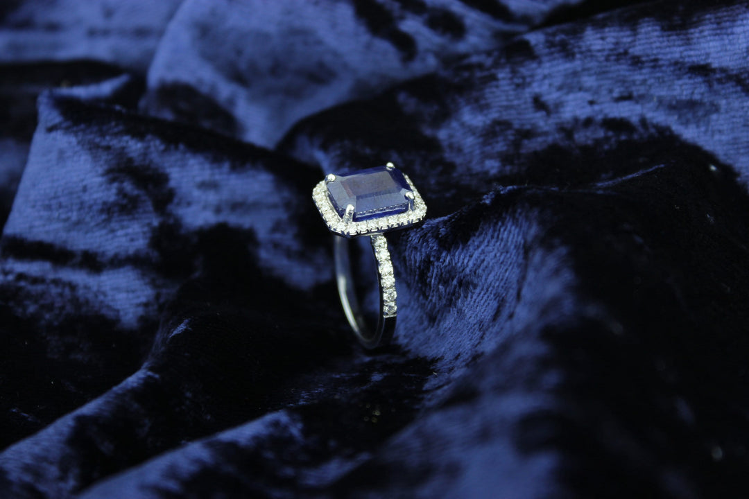 Blue Sapphire Diamond Ring, Gemstone Ring, Emerald Cut Blue Sapphire Ring, 14k Solid Gold, Natural Diamonds, Gift for her
