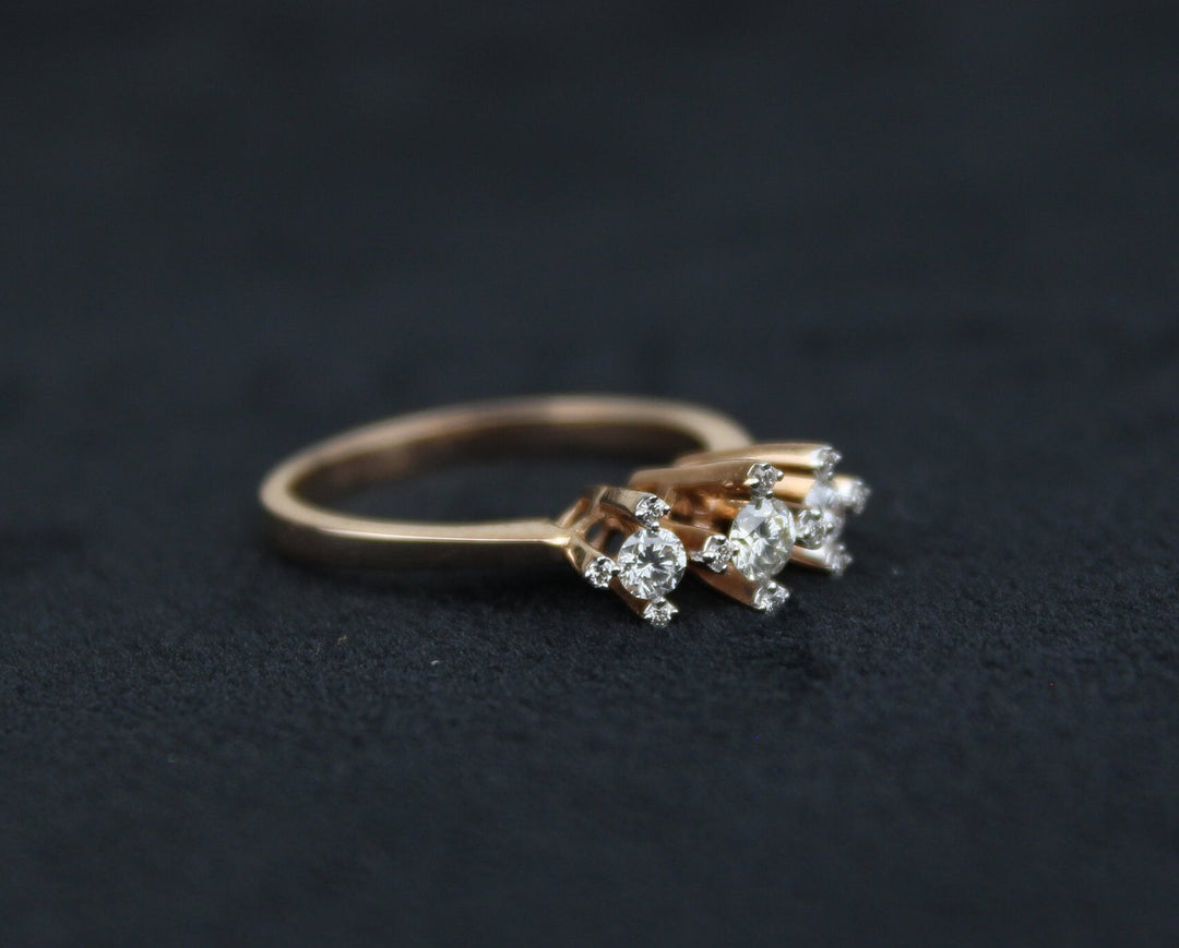Triple Diamond Ring in 14K Solid Gold, Round Solitaire Natural Diamonds, Gift for her
