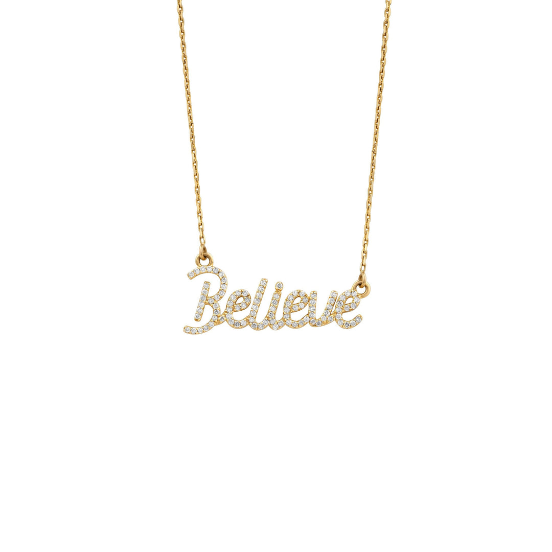 Believe Diamond Necklace in 14k Solid Gold, Inspirational Fine Jewelry, Handcrafted Jewelry, Word Necklace, Script Word Necklace