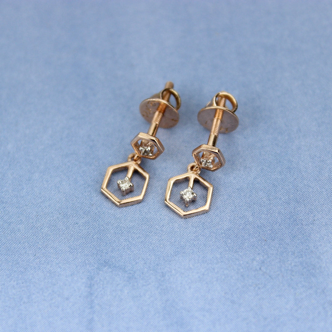 Hexagonal Small Diamond Dangle Earrings, 14k Solid Gold Minimalist Earrings, Natural Diamonds, Polygon Diamond Earrings, Gift for her