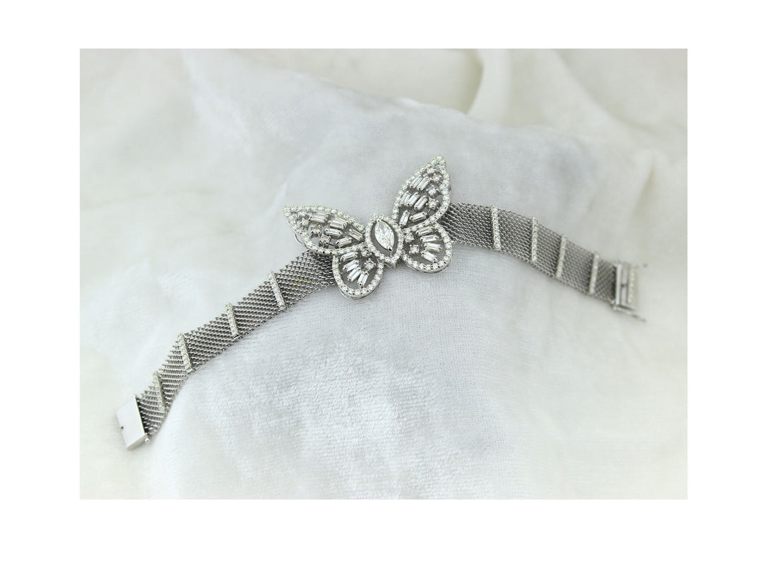 Butterfly Diamond Tennis Broad Bracelet in 14k Solid Gold, Marquise, Moissanite Bracelet, Italian Mesh chain Cocktail Bracelet, Gift for her