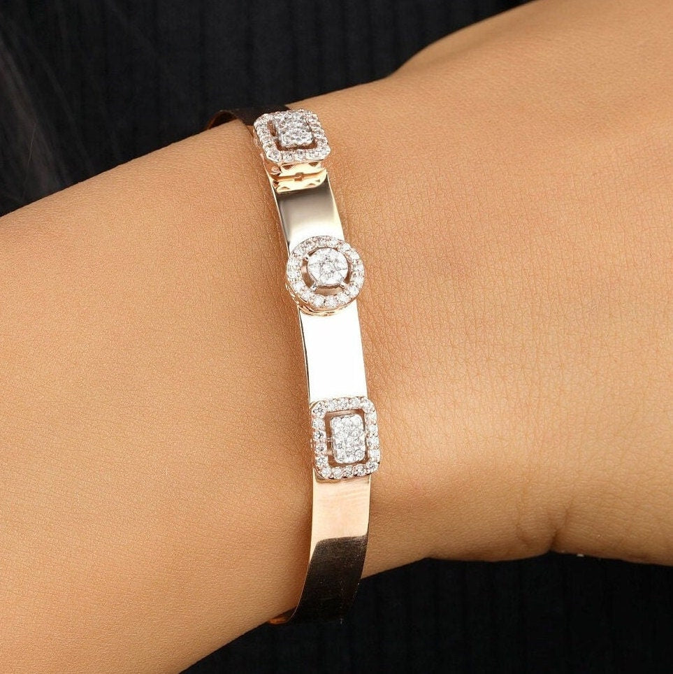 Halo Diamond Cuff Bracelet, 14k Solid Gold, Natural Diamonds, Adjustable Bracelet, Illusion Statement Bangle, Geometric Stackable Bracelet