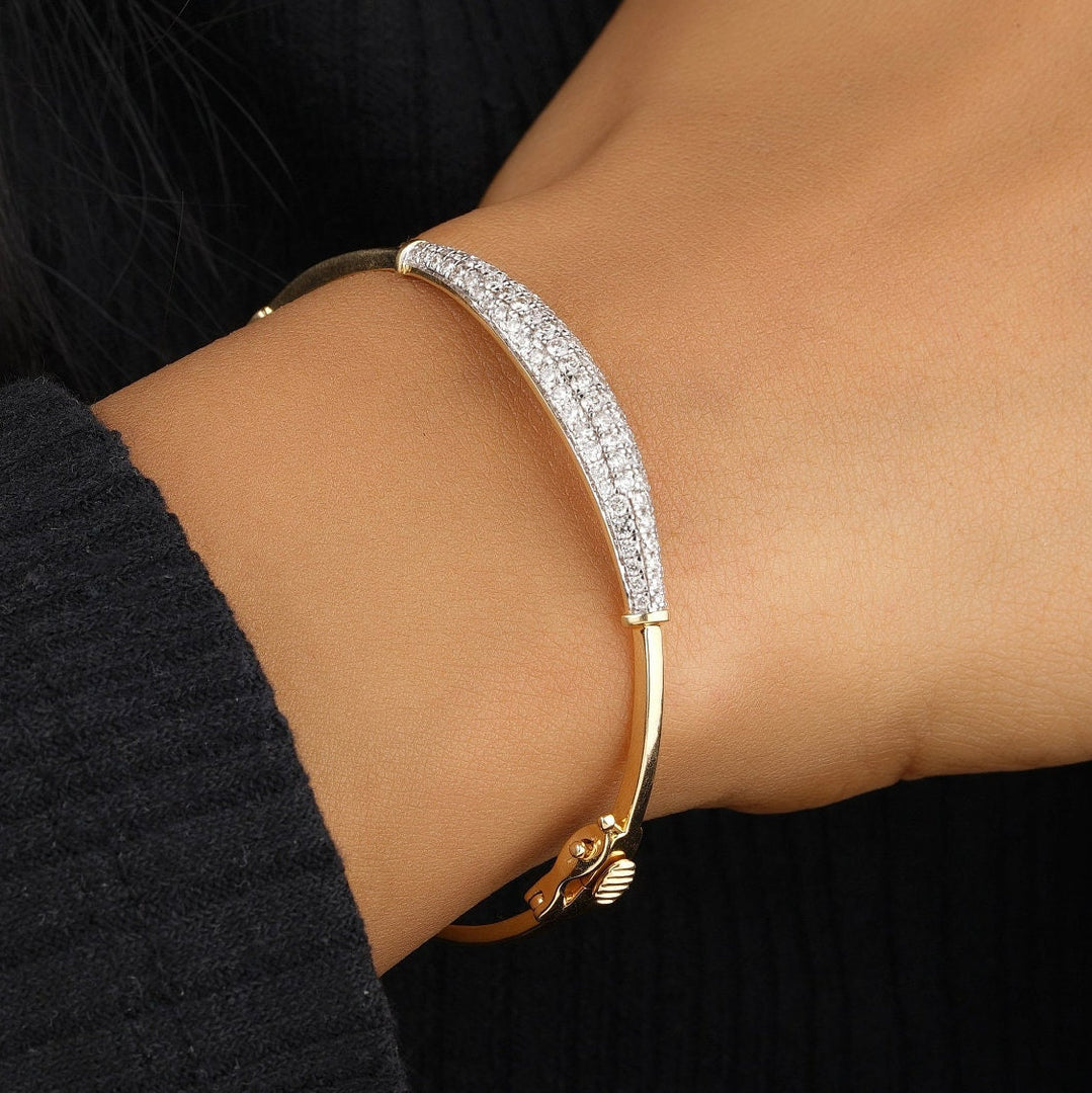 Pavé Natural Diamond Bar Bangle Bracelet: 14k Solid Gold Sleek Minimalistic Jewellery, Certified Jewelry