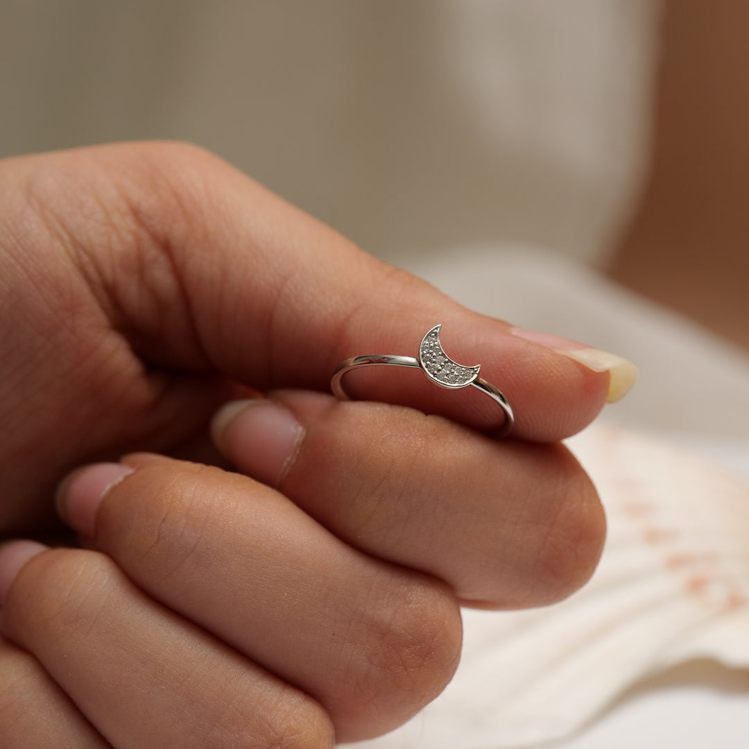 Crescent Moon Diamond Ring, 14k Solid Gold, Natural Diamonds, Everyday Stackable Ring, Minimalist Celestial Jewelry, Ready To Ship
