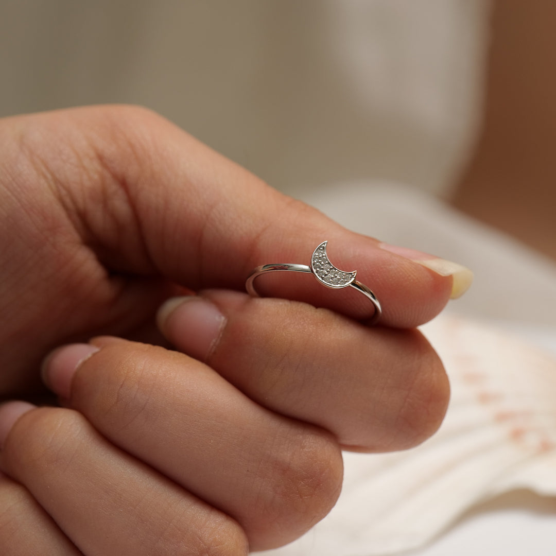 Crescent Moon Diamond Ring, 14k Solid Gold, Natural Diamonds, Everyday Stackable Ring, Minimalist Celestial Jewelry, Ready To Ship