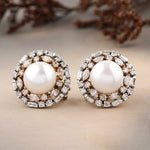 Load image into Gallery viewer, Pearl Studs with Diamond Outlines, Marquise, Baguettes &amp; Pearl Earrings, 14K Solid Gold, Natural Diamonds, Gift for her
