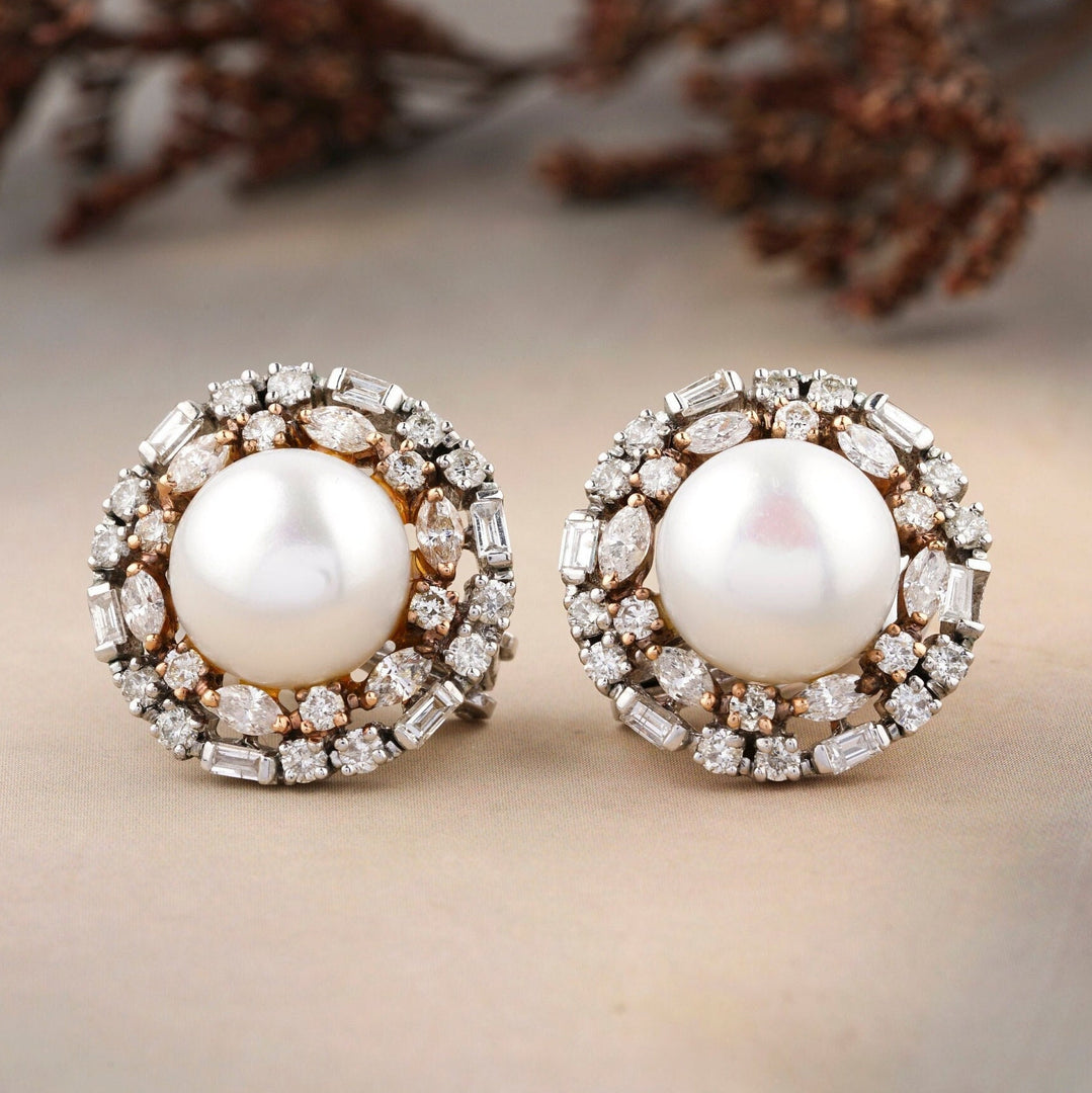 Pearl Studs with Diamond Outlines, Marquise, Baguettes & Pearl Earrings, 14K Solid Gold, Natural Diamonds, Gift for her