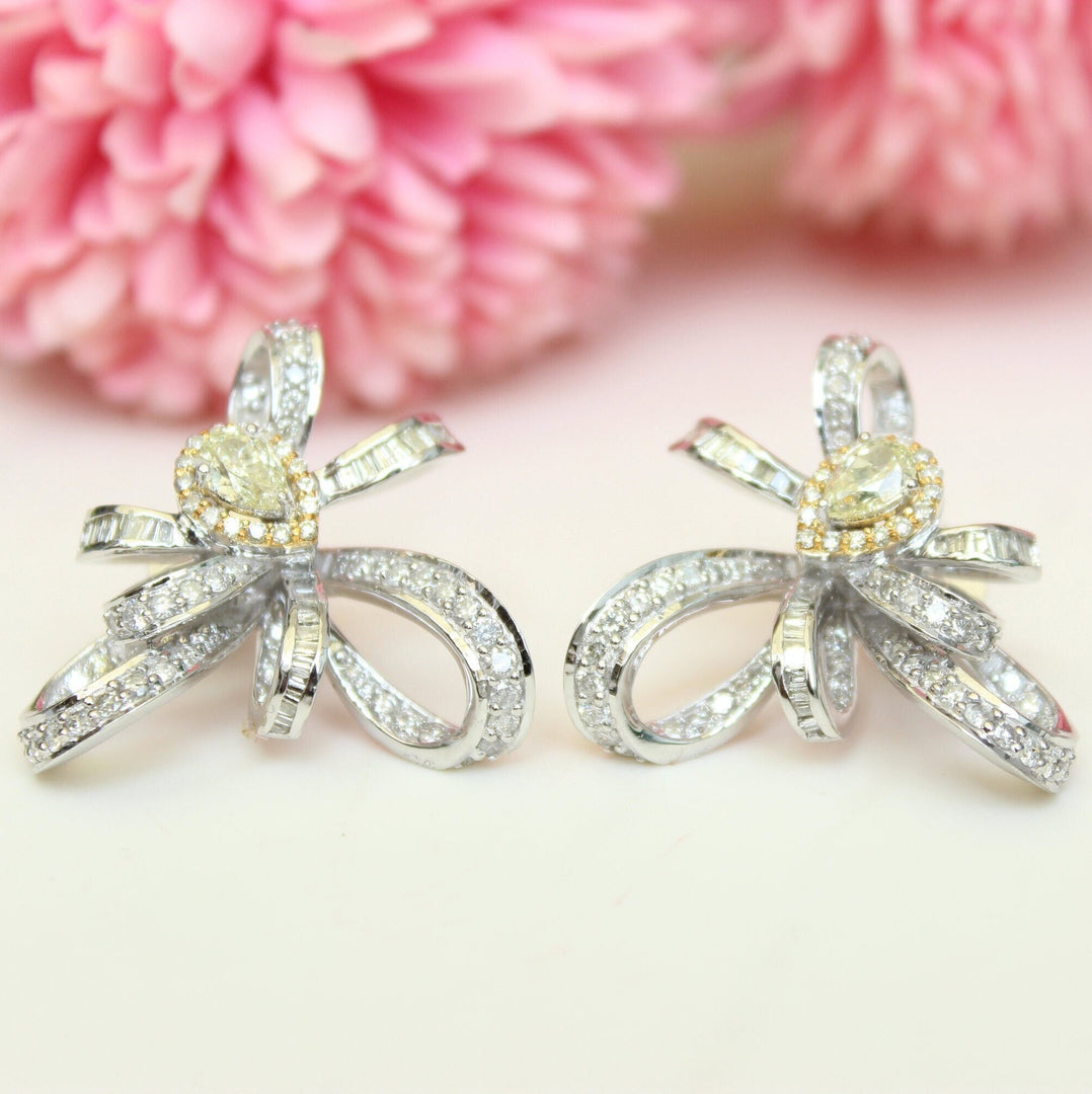 Bow Earrings with Pear Shaped Diamonds, with Baguette Diamond accents, 14k Solid Gold, Natural Diamonds, Dual Tone, Gift for her