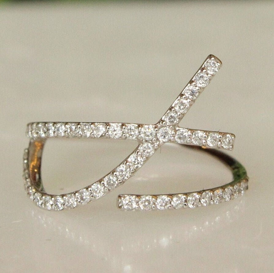 Criss Cross Lines Diamond Ring, 14k Solid Gold, Natural Diamonds, Gift for her, Everyday Jewelry