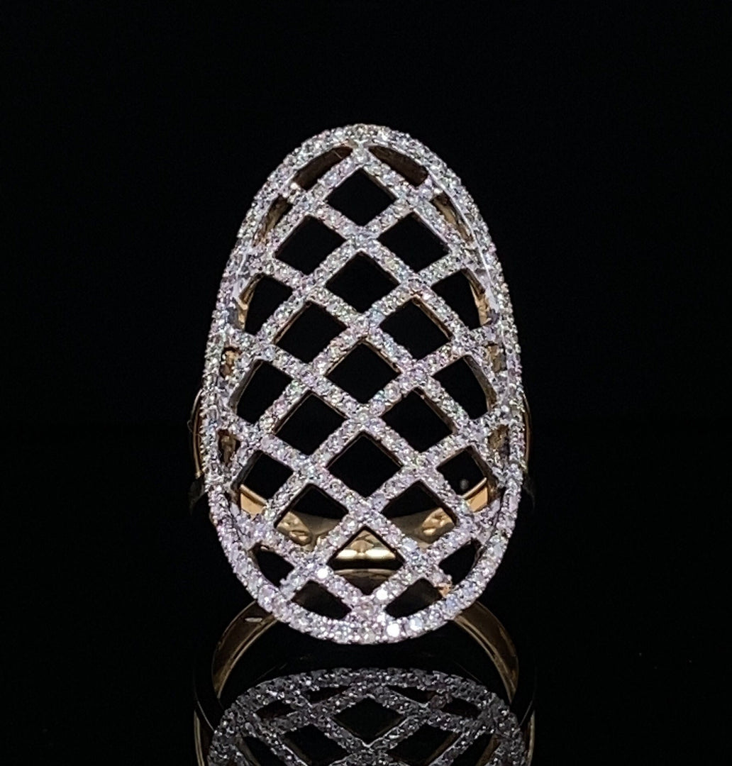 Oval Shaped Net Diamond Ring, Elongated 14k Solid Gold Ring, Natural Diamonds, Gift For Her