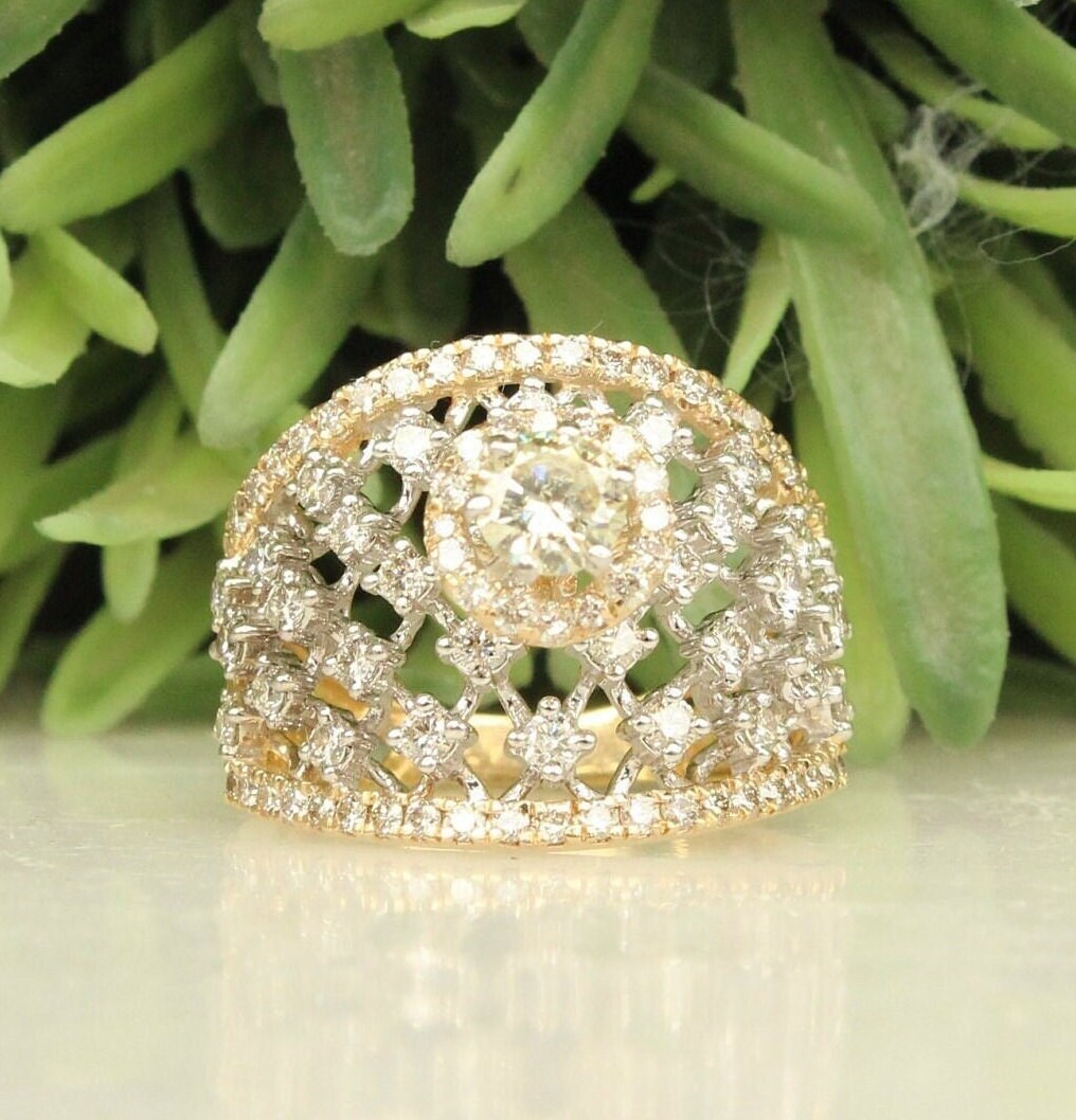 Broad Solitaire Diamond Ring, 14k Solid Gold Diamond Band, Two Toned Ring, Natural Diamonds, Gift for her