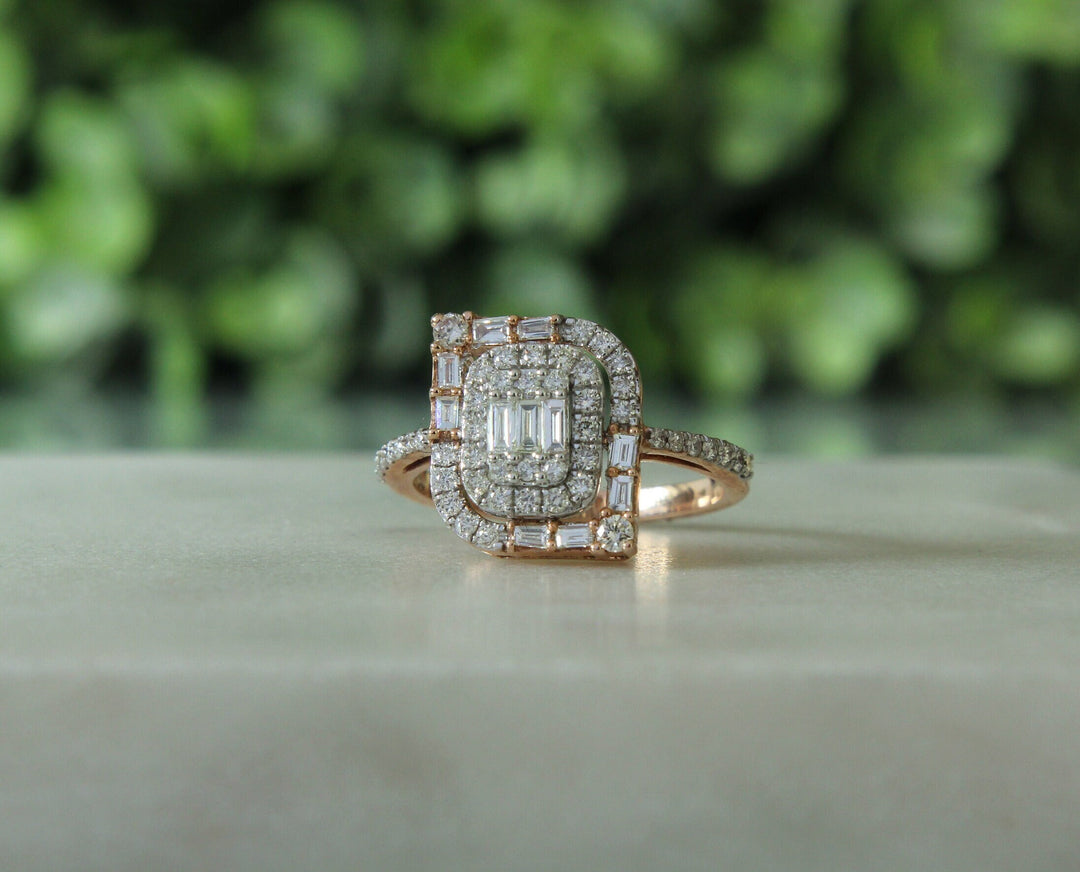 Baguettes and Round Diamond Ring In Illusion Setting, 14k Solid Gold, Natural Diamonds, Perfect Gift for her