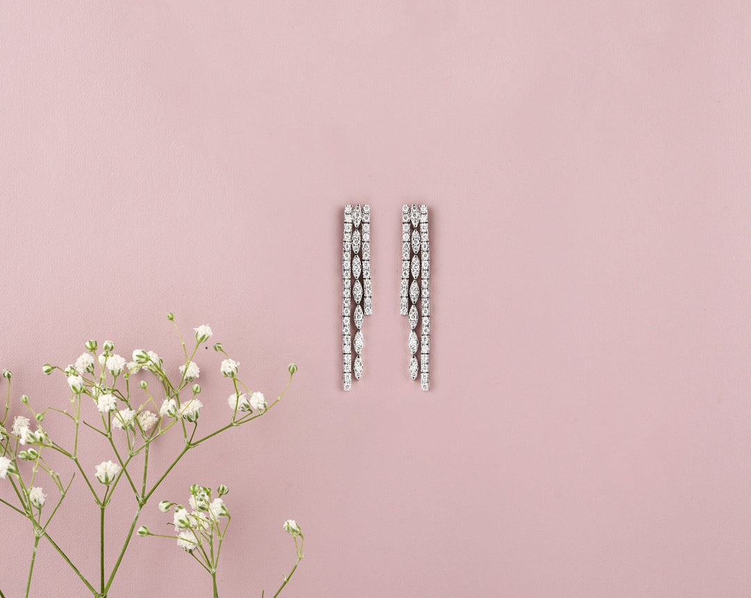 Waterfall Diamond Earrings In 14kt Solid Gold, Asymmetric Triple line Earrings, Natural Diamonds, Gift for her
