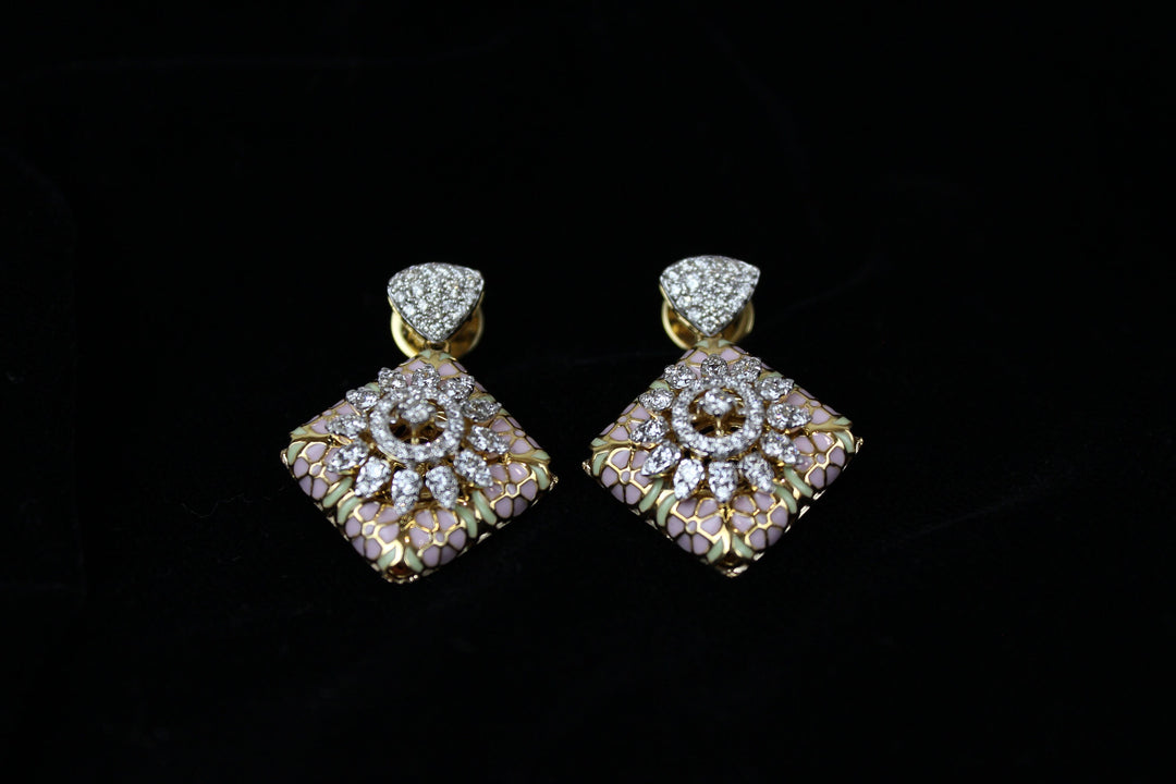 Diamond and Enamel Flower Earrings, Pink and Green Enamelling, 14k Solid Gold, Natural Diamonds, Gift For Her