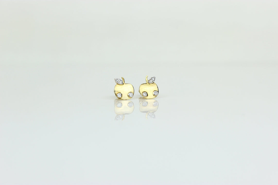 Kids Apple Diamond Stud Earrings, 14k Solid Gold, Natural Diamonds, Kids Jewelry, Gift for toddlers, girls and kids