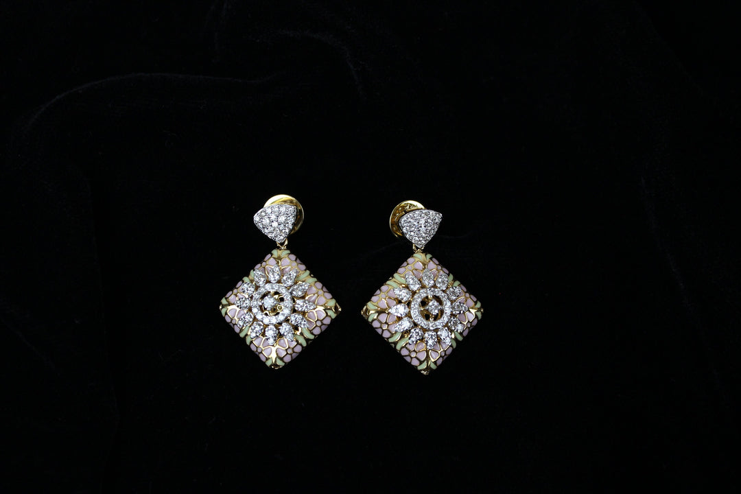 Diamond and Enamel Flower Earrings, Pink and Green Enamelling, 14k Solid Gold, Natural Diamonds, Gift For Her