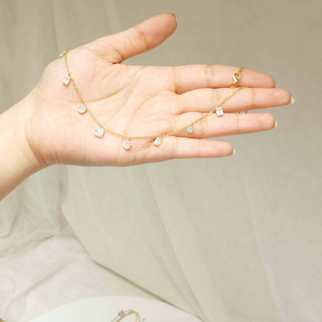 Baguette & Round Diamonds Charms Necklace, Illusion Setting necklace in 14k Solid Gold, Natural Diamonds, Gift For Her