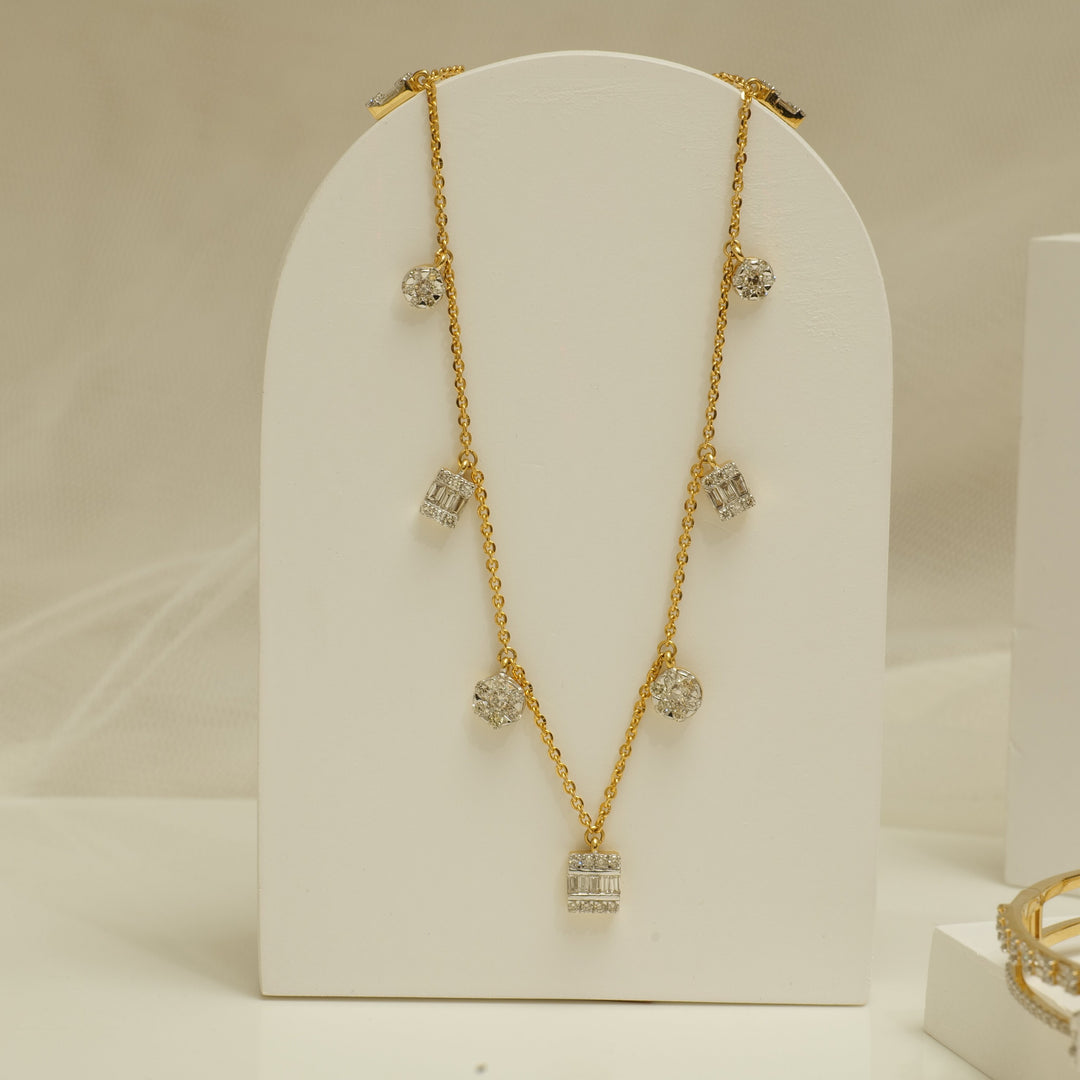 Baguette & Round Diamonds Charms Necklace, Illusion Setting necklace in 14k Solid Gold, Natural Diamonds, Gift For Her