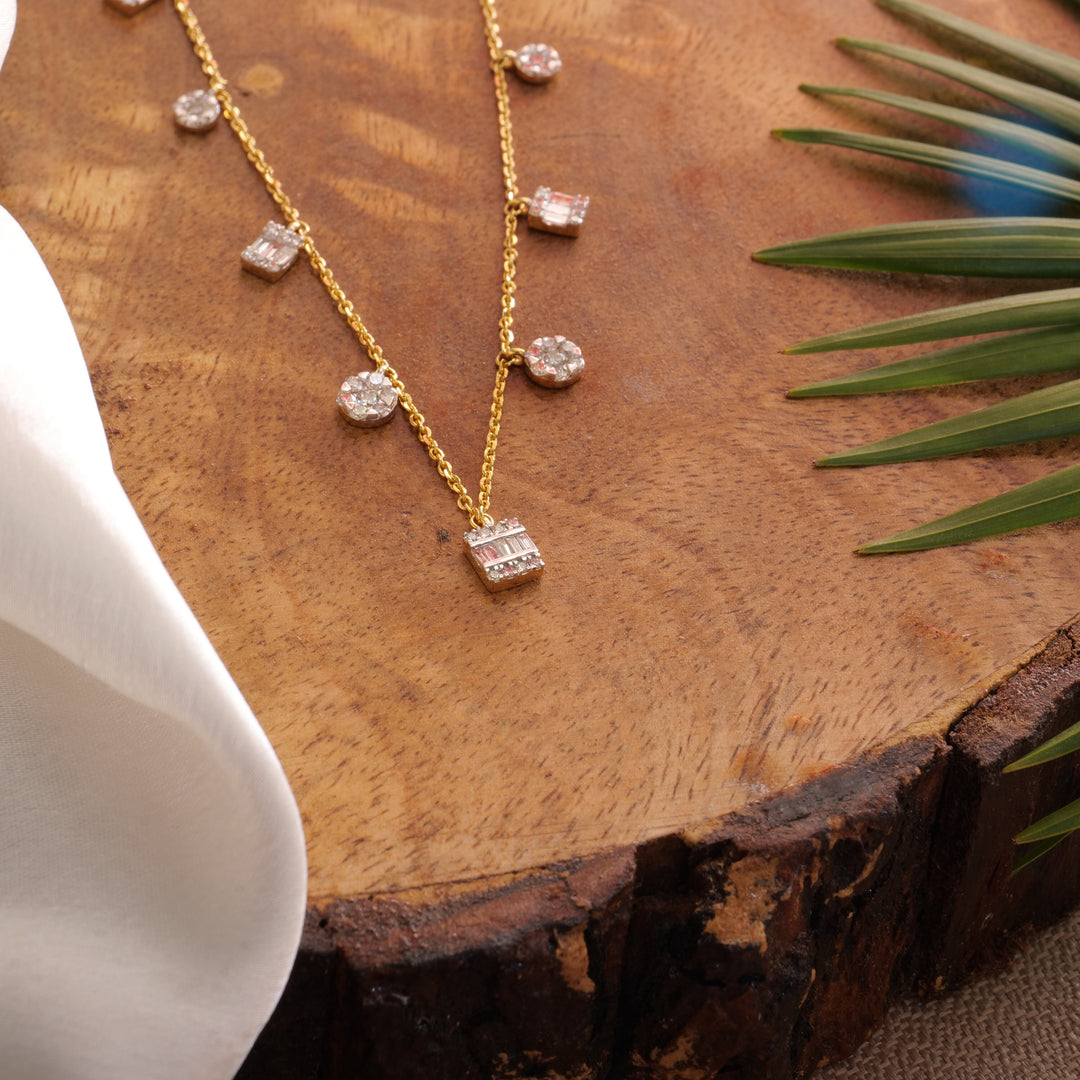 Baguette & Round Diamonds Charms Necklace, Illusion Setting necklace in 14k Solid Gold, Natural Diamonds, Gift For Her