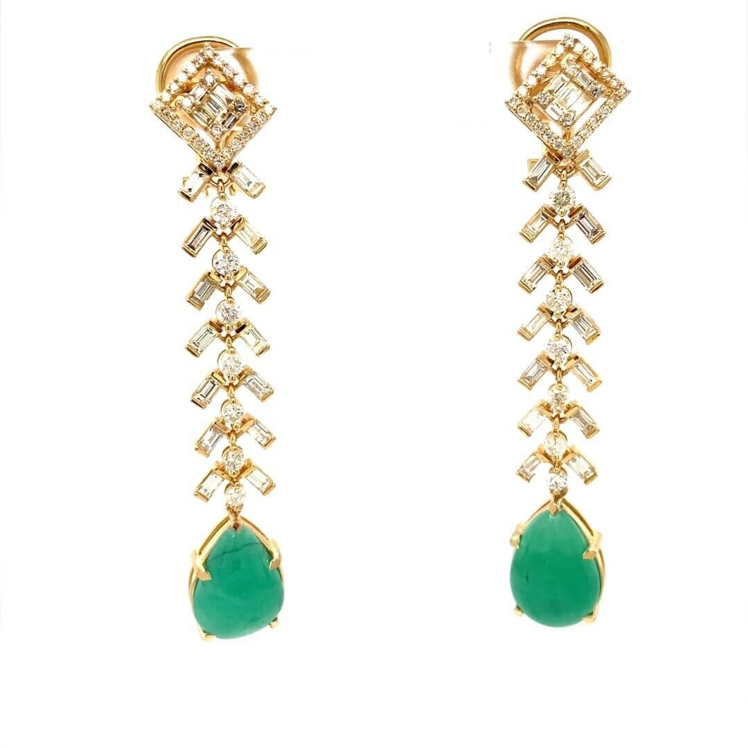 Tear Drop Emerald Gemstone and Diamond Dangle Earrings in 14K Solid Gold, Natural Diamonds, Gift for her
