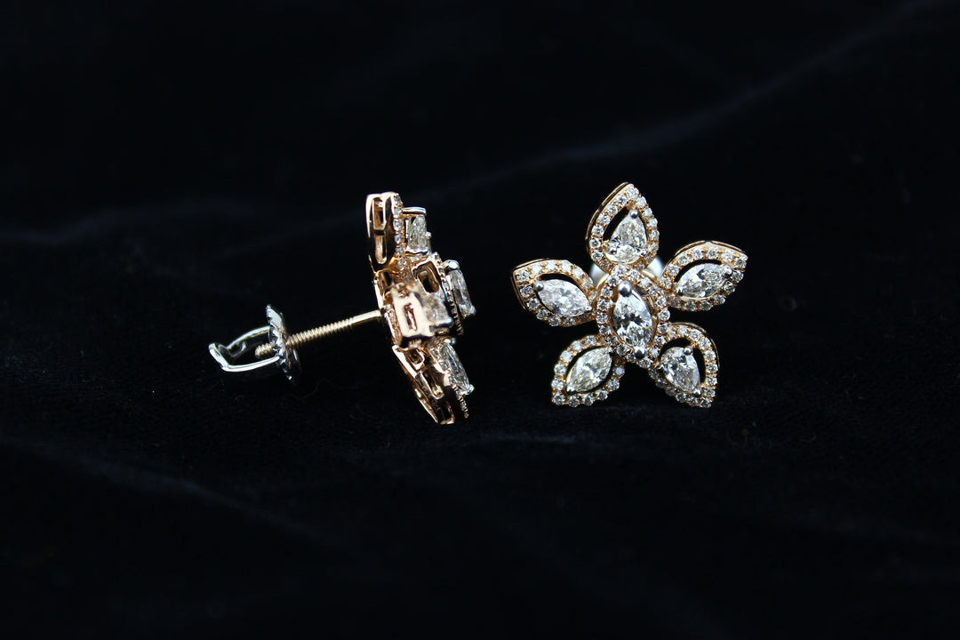 Floral Marquise & Round Diamond Stud Earrings, 14k Solid Gold, Natural Diamonds, Gift for her