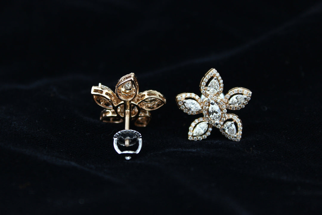 Floral Marquise & Round Diamond Stud Earrings, 14k Solid Gold, Natural Diamonds, Gift for her