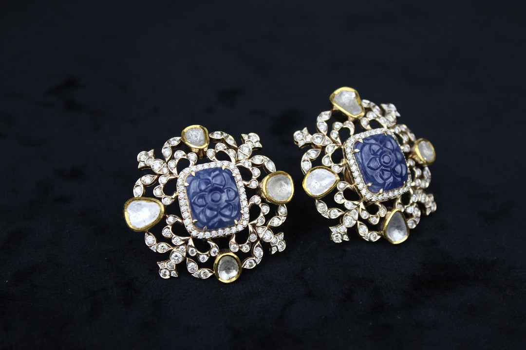 Polki Diamond & Sapphire Earrings, Filigree Design, 14k Solid Gold, Natural diamonds, Gift for Her