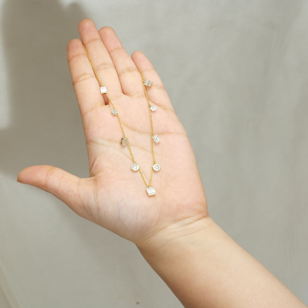 Baguette & Round Diamonds Charms Necklace, Illusion Setting necklace in 14k Solid Gold, Natural Diamonds, Gift For Her