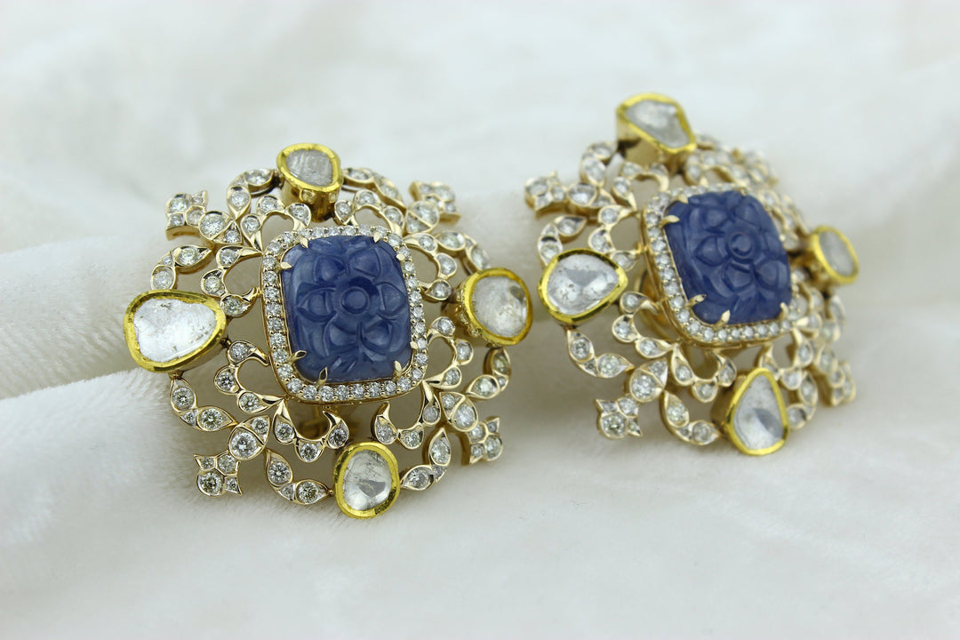 Polki Diamond & Sapphire Earrings, Filigree Design, 14k Solid Gold, Natural diamonds, Gift for Her