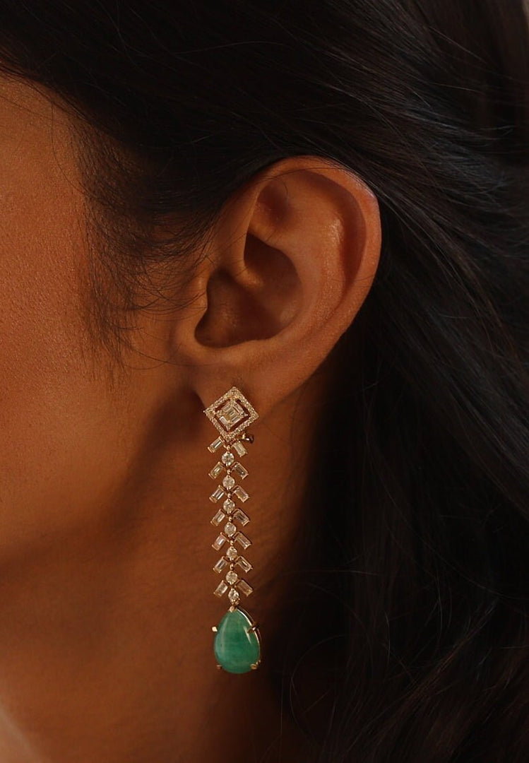 Tear Drop Emerald Gemstone and Diamond Dangle Earrings in 14K Solid Gold, Natural Diamonds, Gift for her
