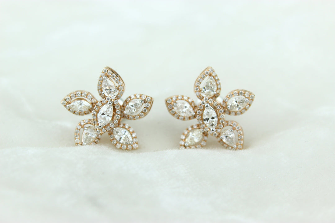 Floral Marquise & Round Diamond Stud Earrings, 14k Solid Gold, Natural Diamonds, Gift for her