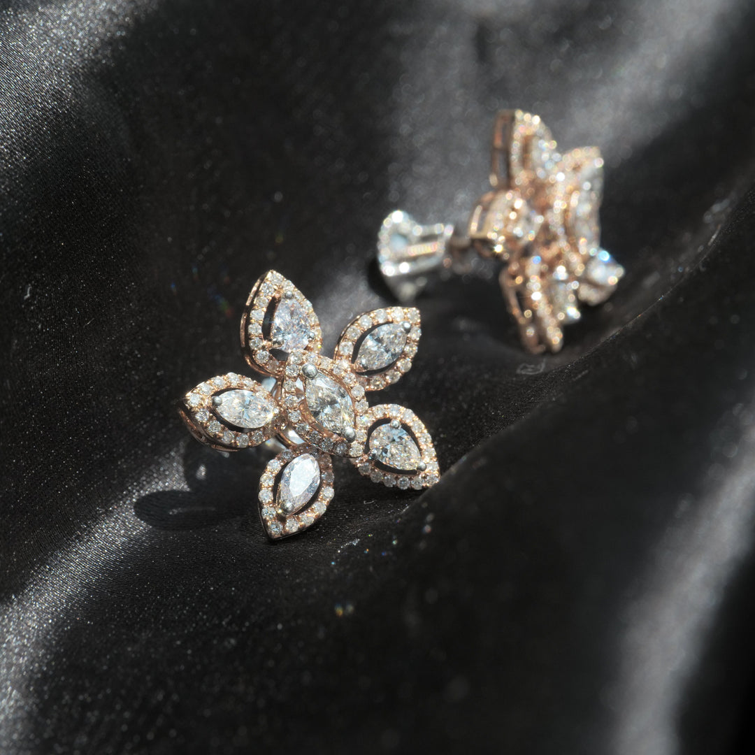 Floral Marquise & Round Diamond Stud Earrings, 14k Solid Gold, Natural Diamonds, Gift for her
