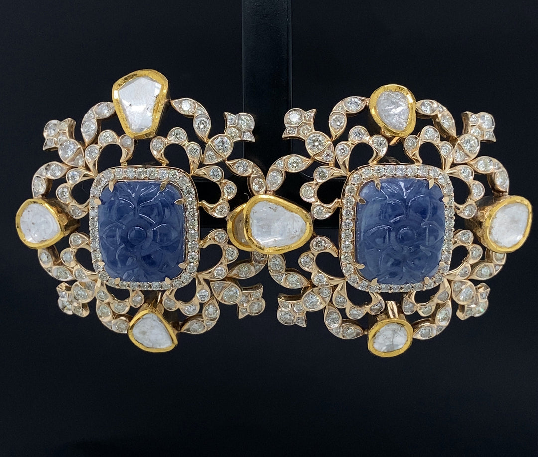 Polki Diamond & Sapphire Earrings, Filigree Design, 14k Solid Gold, Natural diamonds, Gift for Her