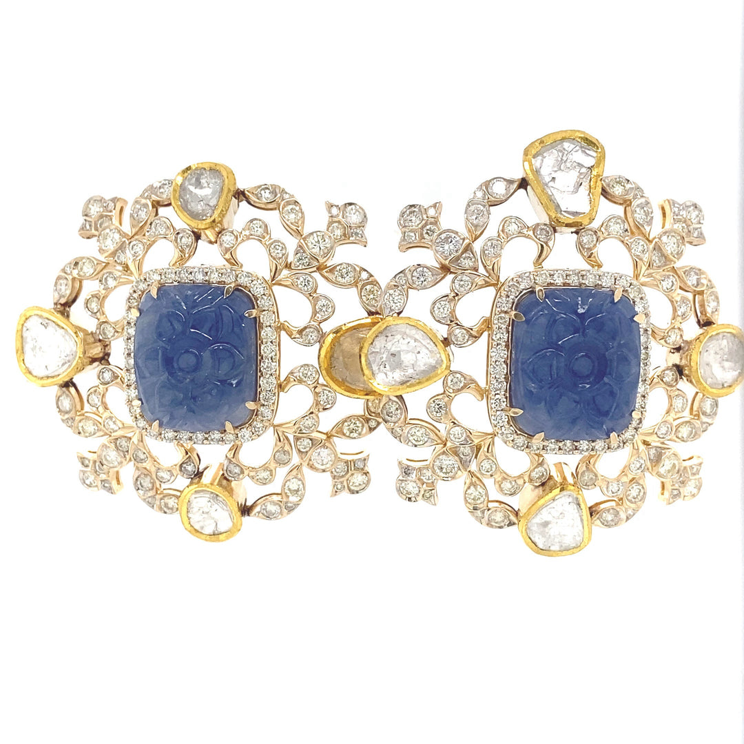 Polki Diamond & Sapphire Earrings, Filigree Design, 14k Solid Gold, Natural diamonds, Gift for Her