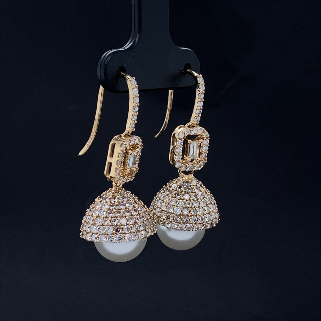 Pearl Drop Diamond Earrings, Baguette & Round Diamond Earrings In 14K Solid Gold, Gift for her