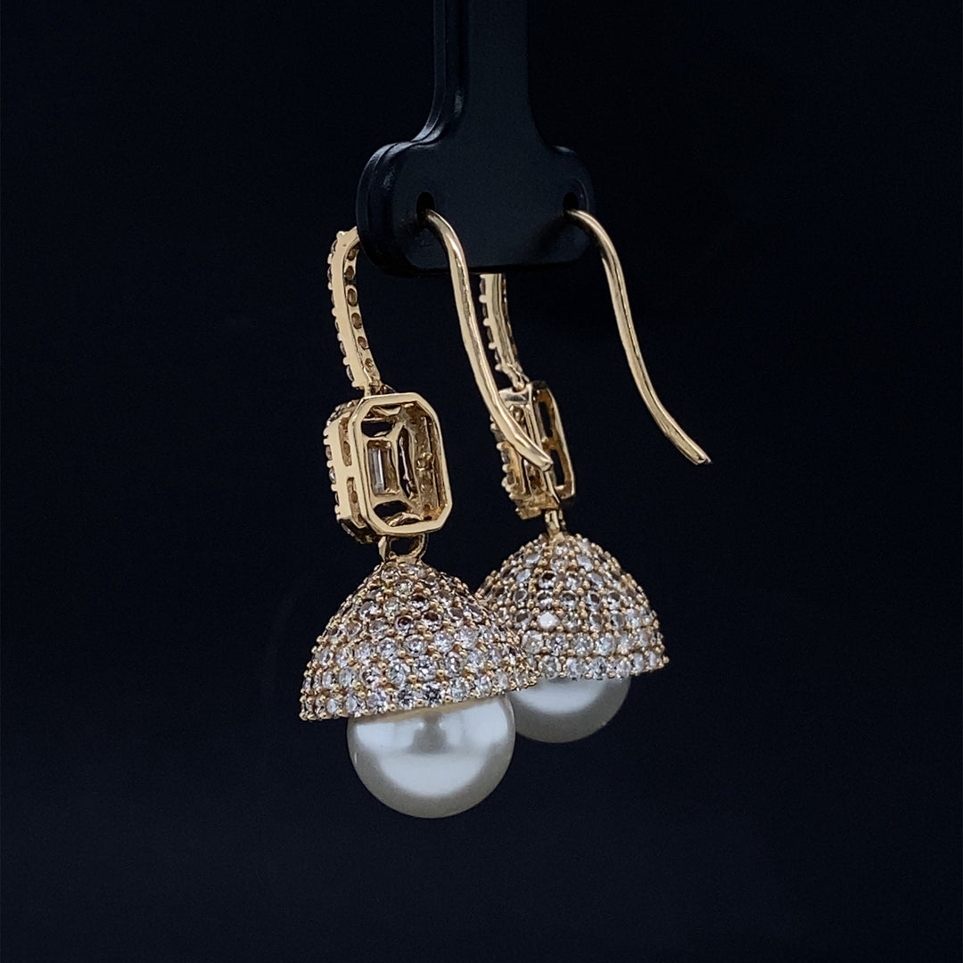 Pearl Drop Diamond Earrings, Baguette & Round Diamond Earrings In 14K Solid Gold, Gift for her
