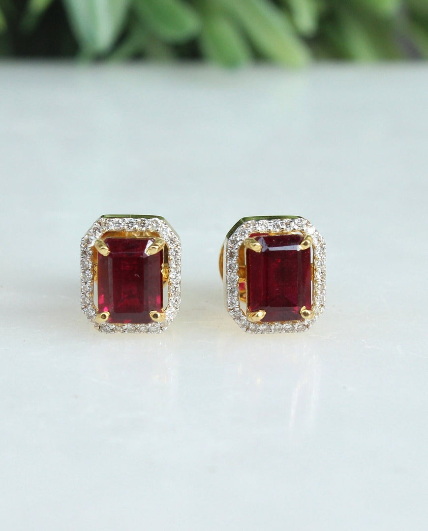 Ruby Diamonds Stud, Birthstone Gemstone Earrings, 14k Solid Gold, Natural Diamonds, Gift For Her
