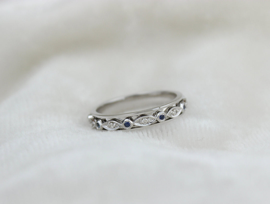 Blue Sapphires & Diamonds Band Ring, 14K Solid Gold, Natural Diamonds, Gift for her