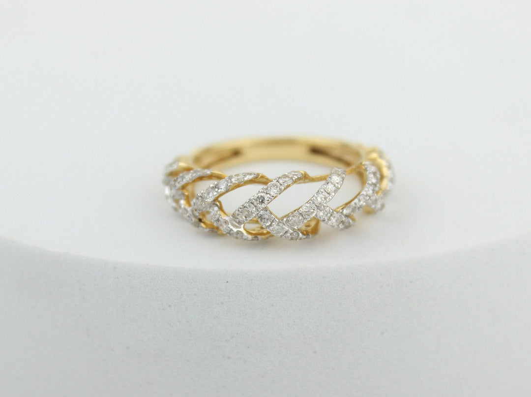 Weave Design Diamond Ring, Criss Cross Ring, 14K Solid Gold Band, Natural Diamonds, Gift for Her
