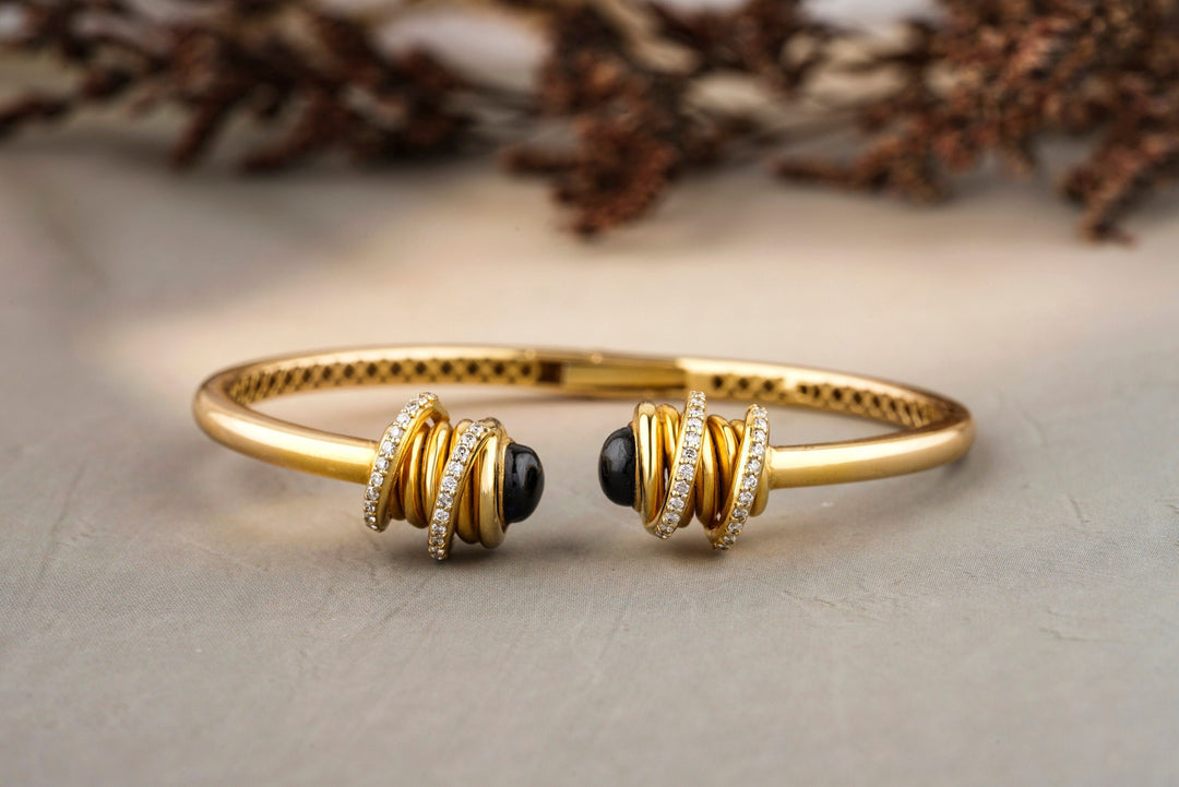 Blue Sapphire Diamond Cuff Bracelet, Spiral Bracelet With Natural Diamonds, 14K Solid Gold, Gift for her