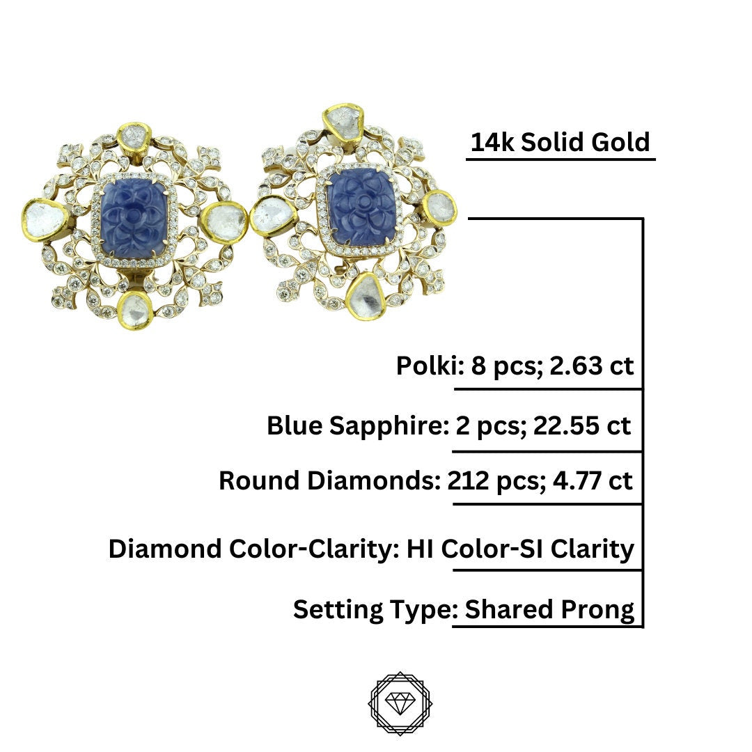 Polki Diamond & Sapphire Earrings, Filigree Design, 14k Solid Gold, Natural diamonds, Gift for Her
