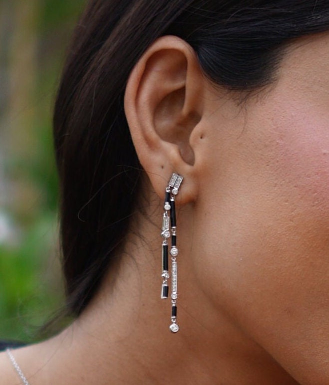 Black Onyx Diamond Dangle Earrings In 14k Solid Gold, Rectangular Bars And Beads With Natural Diamonds, Gift for her